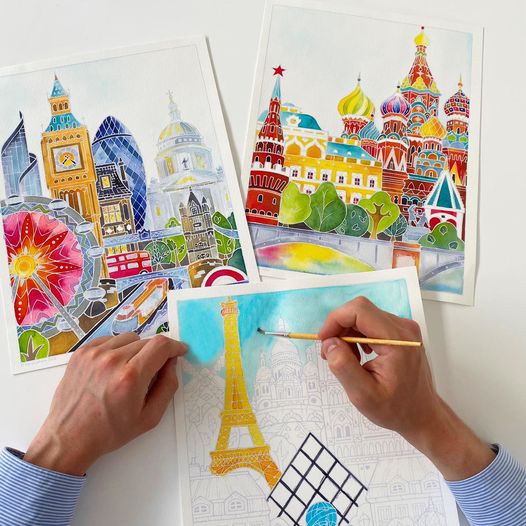 AQUARELLUM アクアレルム 水彩画 キット ぬりえ フランス製塗り絵 絵の具セット （イラスト パリ、ロンドン、モスクワ） - 株式会社アールエンタープライズ