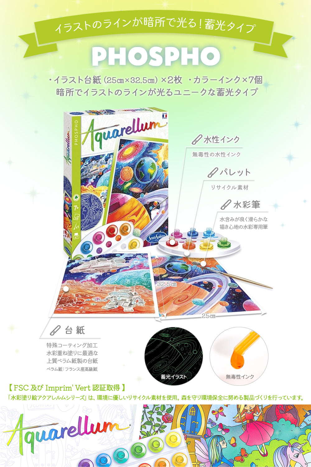 水彩ぬりえ セット フランス製 蓄光タイプ 【イラスト ユニコーン】AQUARELLUM PHOSPHO アクアレルム ホスフォ - 株式会社アールエンタープライズ