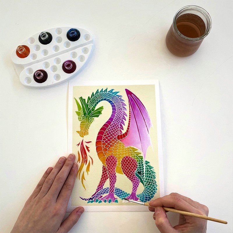 AQUARELLUM アクアレルム 水彩 塗り絵 セット 絵の具セット 子ども 大人 フランス製塗り絵 （イラスト ドラゴン） - 株式会社アールエンタープライズ